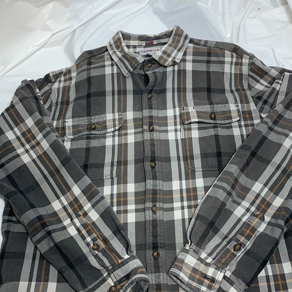 Men’s Carhartt Gray White Gold Plaid Heavy Cotton Button Down Shirt Size XL Tall - Picture 1 of 6